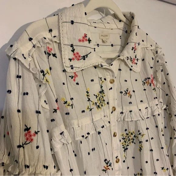 Anthropologie’s PILCRO Embroidered Floral Polka Dot Blouse - White & Pink Sz XL - Picture 3 of 6